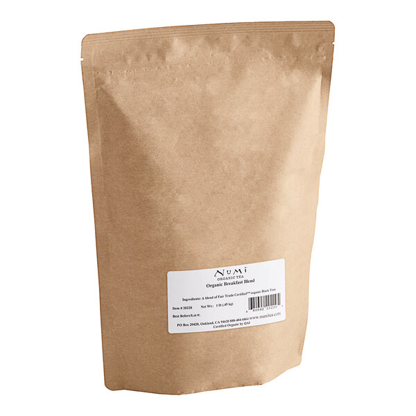 A brown bag of Numi Organic Breakfast Blend Loose Leaf Tea with a white label.