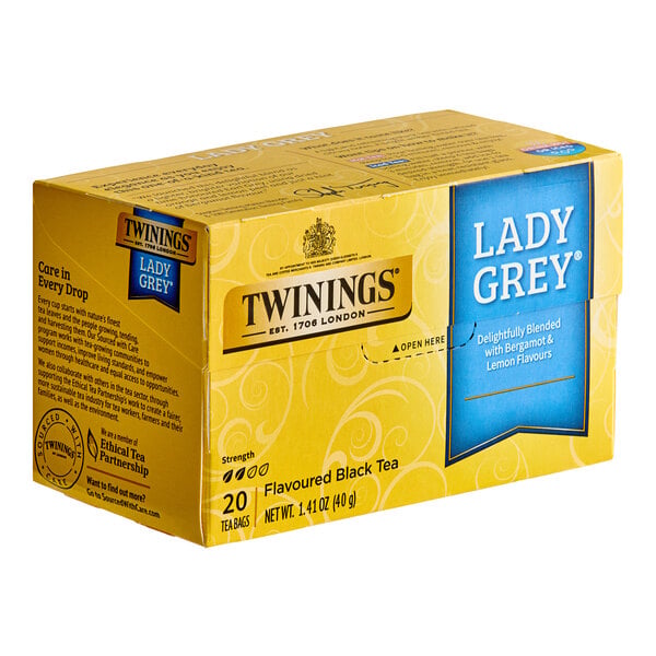 A yellow Twinings box with blue and black labels for 20 Lady Grey tea bags.