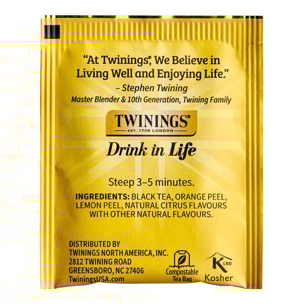 A yellow Twinings packet of 20 Lady Grey tea bags.