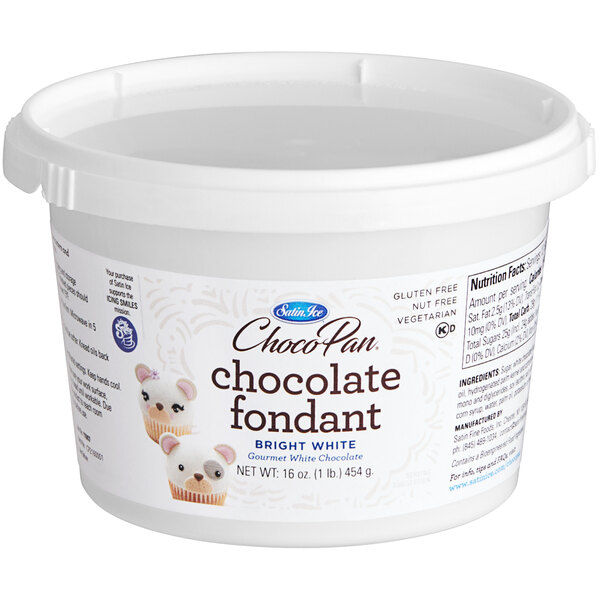 A white container of Satin Ice ChocoPan Bright White Covering Chocolate with a label.