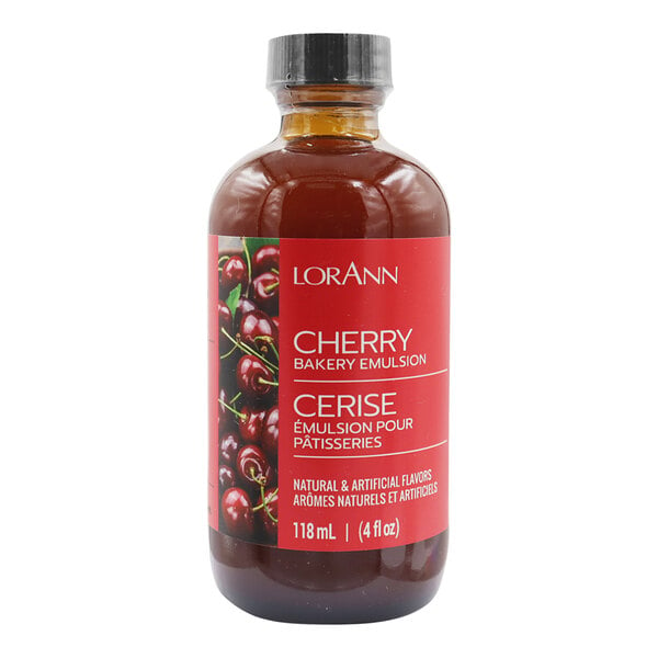 A bottle of LorAnn Oils Cherry Bakery Emulsion on a counter.