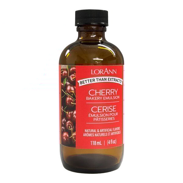 A brown LorAnn Oils bottle with a red label that reads "Cherry Bakery Emulsion" with cherry juice inside.