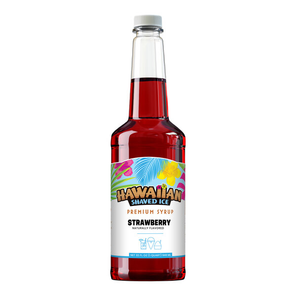 A 32 fl. oz. bottle of Hawaiian Shaved Ice strawberry snow cone syrup.
