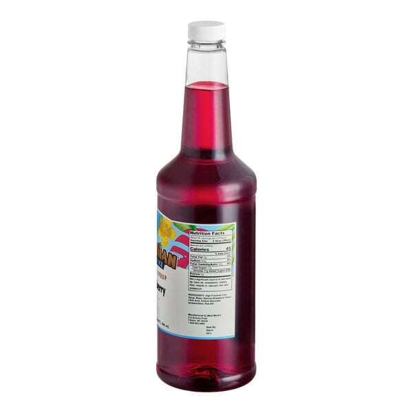 A 32 fl. oz. bottle of Hawaiian Shaved Ice Strawberry Snow Cone Syrup.
