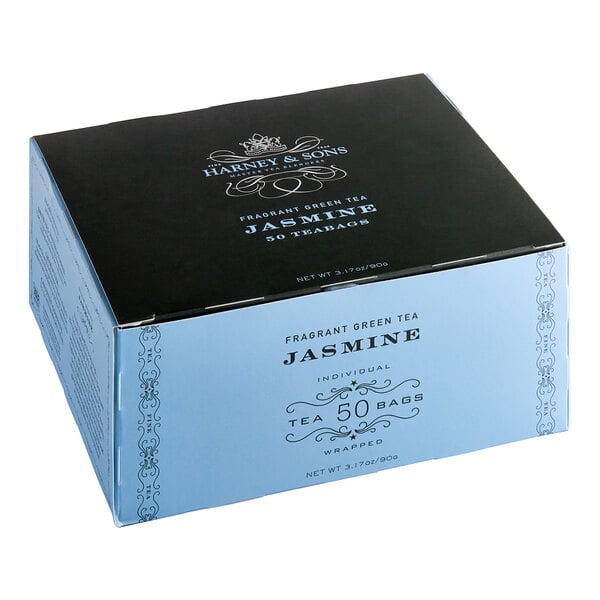 A blue and black box of Harney & Sons Jasmine Tea Bags on a white background.