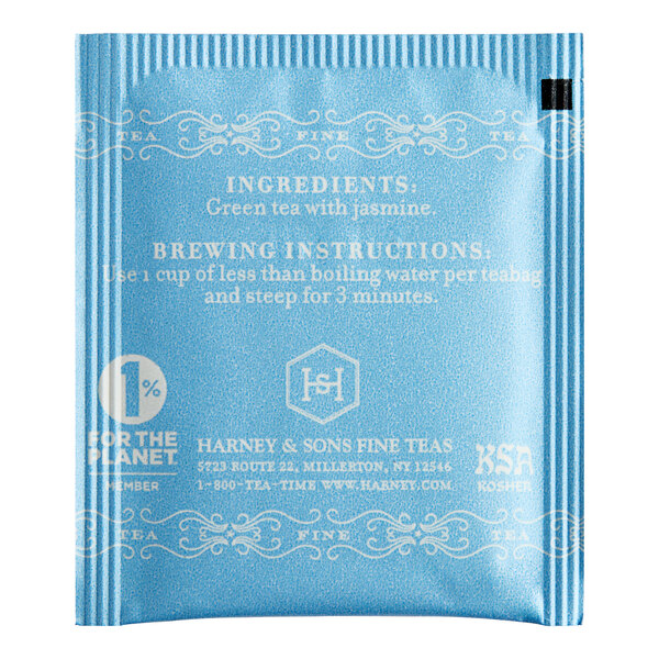 A blue Harney & Sons packet of Jasmine Tea Bags with white text.