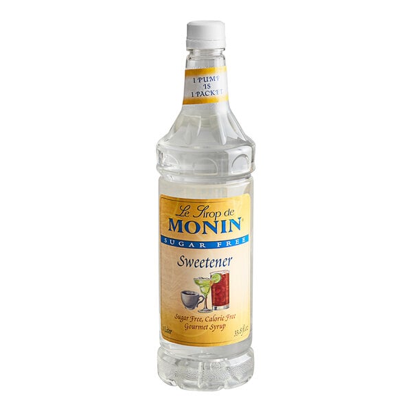 A plastic bottle of Monin Sugar Free Sweetener Syrup with a white label.