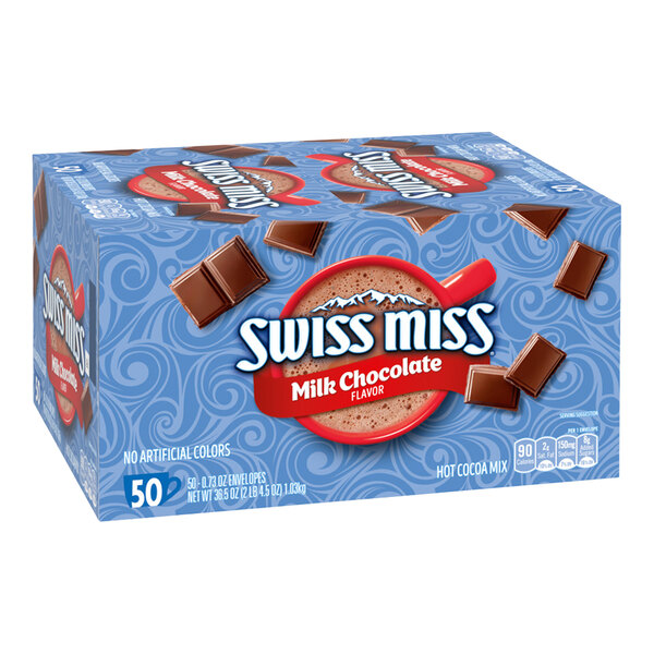 A box of Swiss Miss Milk Chocolate hot cocoa mix packets.