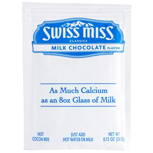 A packet of Swiss Miss milk chocolate flavor hot cocoa mix.