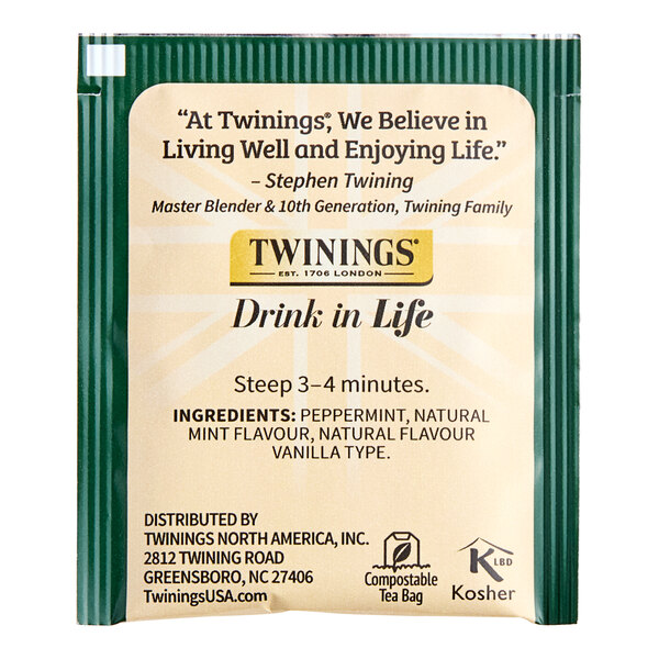 A green Twinings Peppermint and Creamy Vanilla Herbal Tea Bag packet with white and black text.