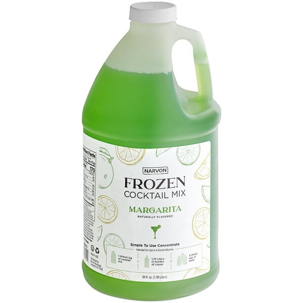 A white jug of Narvon Margarita frozen cocktail mix concentrate with green liquid inside.