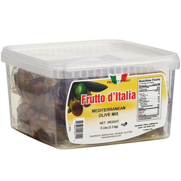A white plastic pail of Frutto d'Italia Mediterranean olive mix with a lid.