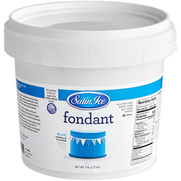 A white container of Satin Ice Blue Vanilla Rolled Fondant with a blue and white label.