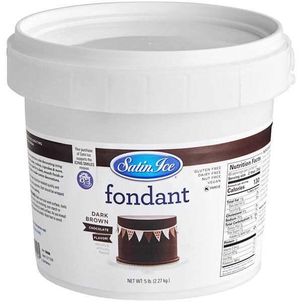 A white Satin Ice container of 5 lbs. of dark chocolate fondant.