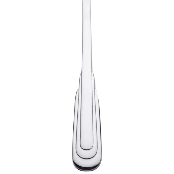 A close up of a Oneida Cityscape stainless steel teaspoon with a white background.