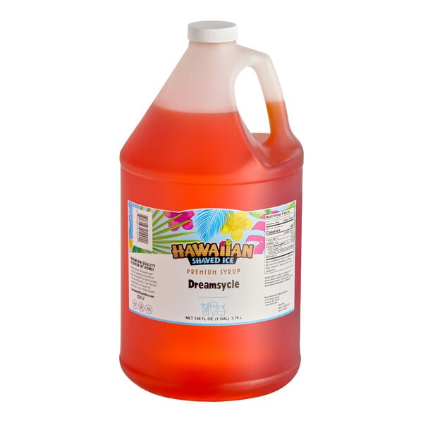 A one-gallon jug of Hawaiian Shaved Ice Dreamsycle premium snow cone syrup.