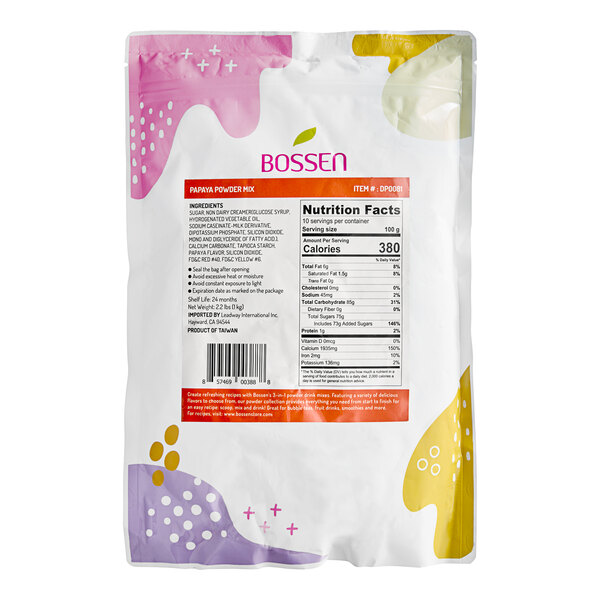 A white Bossen bag of papaya powder mix with colorful design.