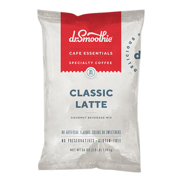 A white bag of Dr. Smoothie Cafe Essentials Classic Latte Beverage Mix with red and white label.