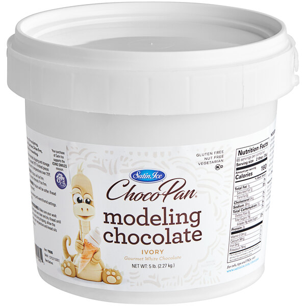 A white plastic tub of Satin Ice ChocoPan ivory modeling chocolate.