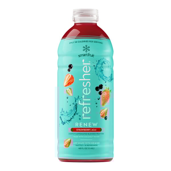 A bottle of Smartfruit Renew Strawberry Acai refresher juice concentrate with a label and a strawberry on top.
