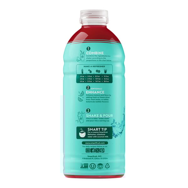 A blue plastic container of Smartfruit Renew Strawberry Acai Refresher Beverage concentrate with a red label and red liquid inside.