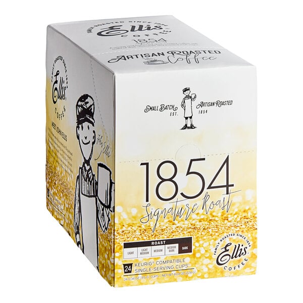 A box of Ellis 1854 Roast coffee single serve cups.