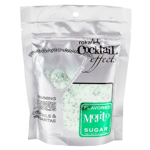 A package of Rokz Mojito cocktail rimming sugar with a close up of the bag.