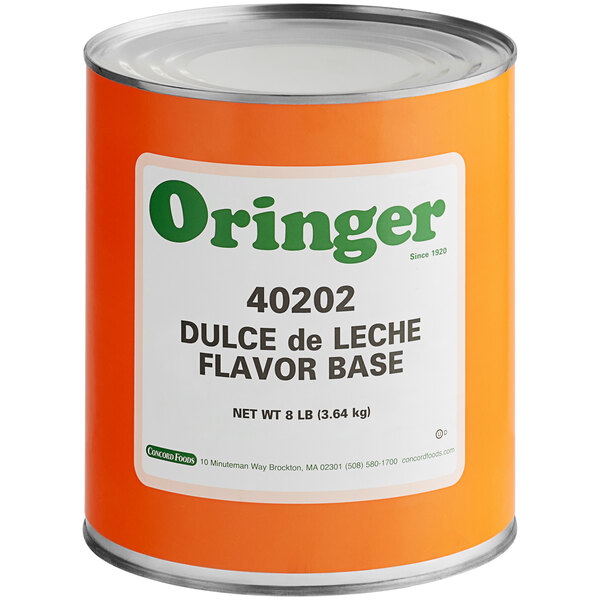 A white can of Oringer Dulce de Leche Hard Serve Ice Cream Base with an orange label.