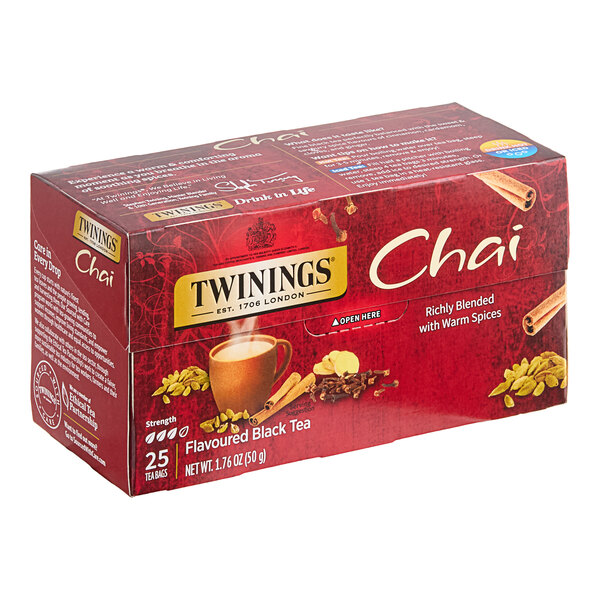 A red and white box of 24 Twinings Chai Tea Bags.
