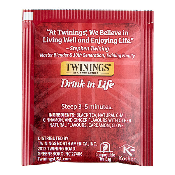 A red package of Twinings Chai Tea Bags.