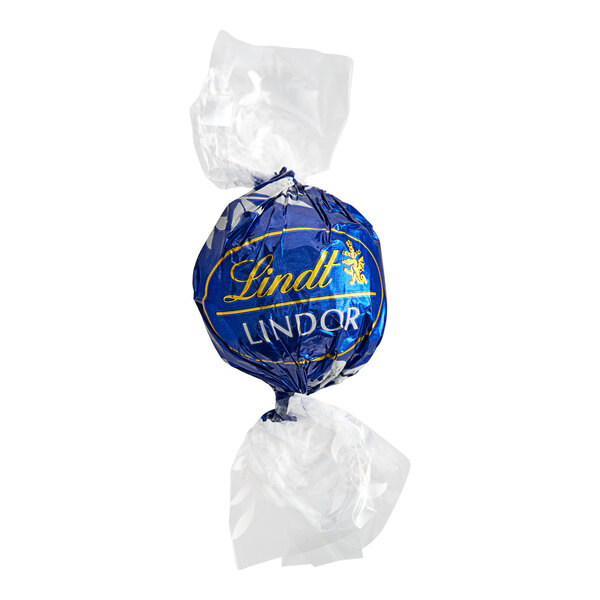 A wrapped Lindt Lindor dark chocolate candy.