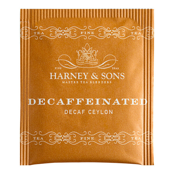 A package of 50 Harney & Sons decaf Ceylon tea bags with brown and white packaging.
