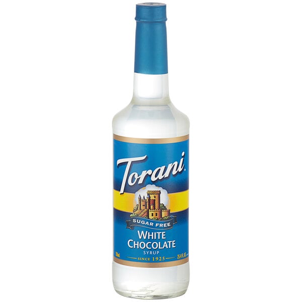 A Torani 750 mL glass bottle of white chocolate syrup with a blue label.