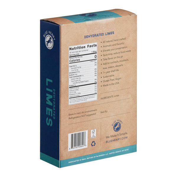 A case of Blue Henry dried lime slices in a box with the label.