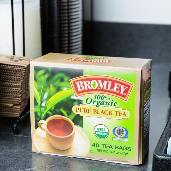 A case of 48 Bromley Organic Black Tea Bags on a counter.