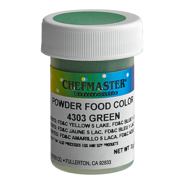 A close up of a Chefmaster green dry powder food color container.