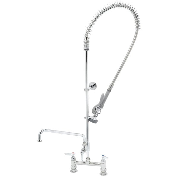 A T&S deck mounted pre-rinse faucet with a curved hose.