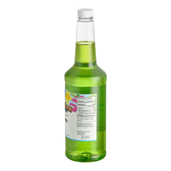 A clear bottle filled with green Hawaiian Shaved Ice Margarita snow cone syrup.