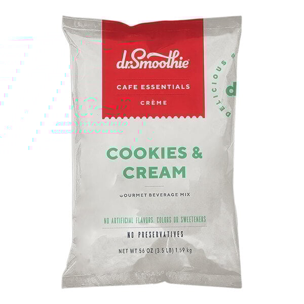A white package of Dr. Smoothie Cafe Essentials Cookies and Cream Beverage Mix with red and green text.