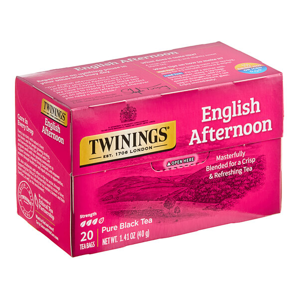 A pink box of Twinings English Afternoon Tea Bags with white text.