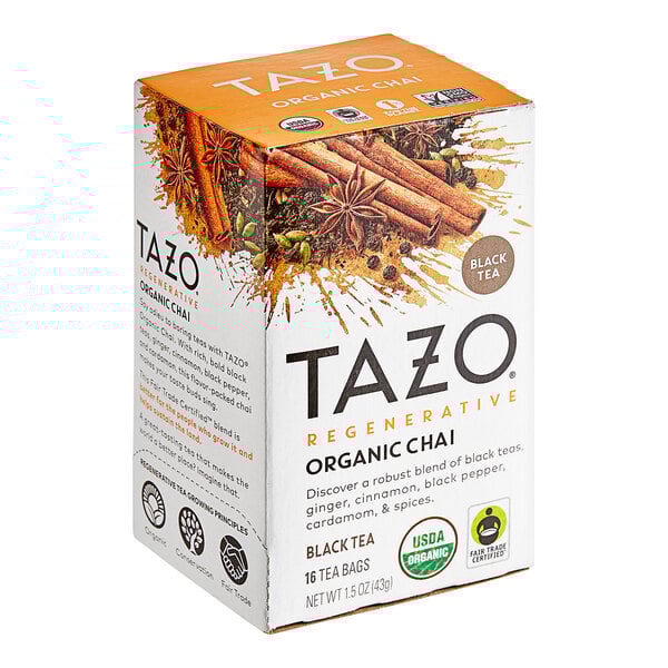 A white box of Tazo Organic Chai Tea Bags.