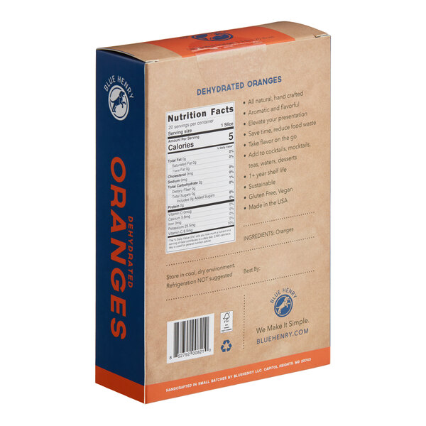 A blue box of Henry's Dried Orange Slices with nutrition information on it.