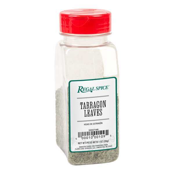 A clear container of Regal Tarragon Leaves with a label.