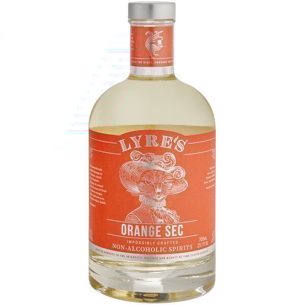 A close-up of a Lyre's Orange Sec non-alcoholic liqueur bottle with a label.