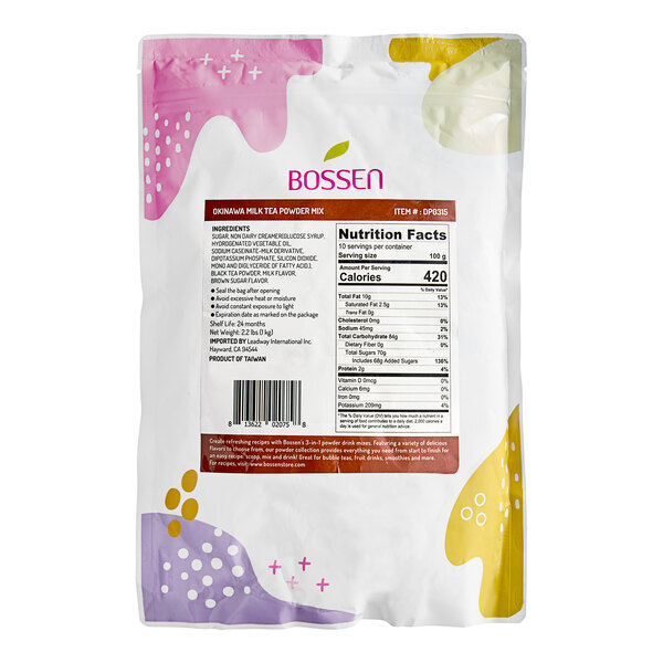 A white bag with a pink and yellow Bossen label and colorful design.