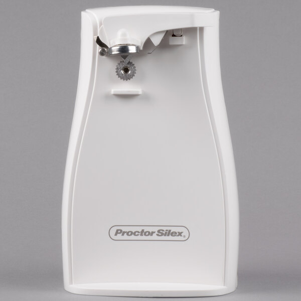 A white Proctor Silex electric can opener.