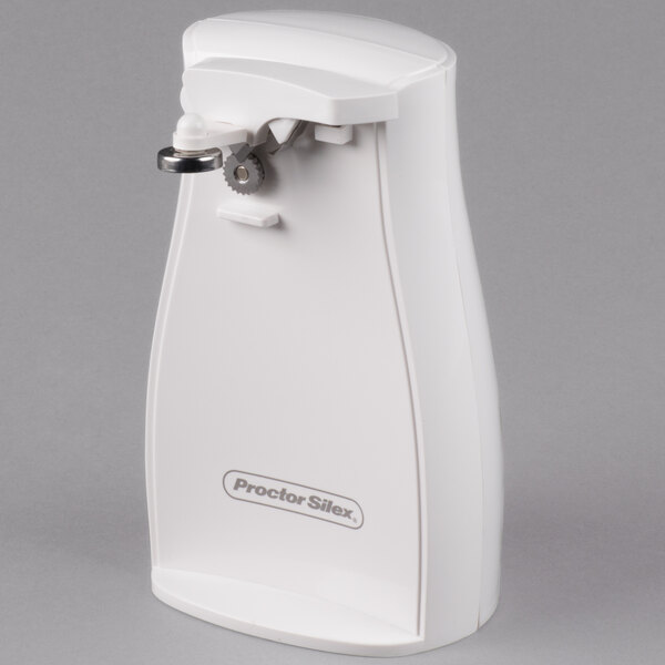 A white Proctor Silex electric can opener with a metal handle.