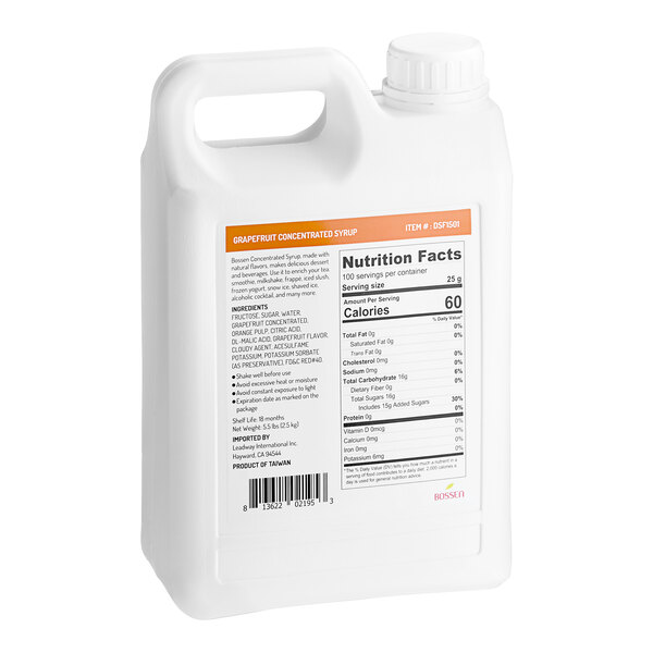 A white plastic container of Bossen Grapefruit Concentrated Syrup with a white label.