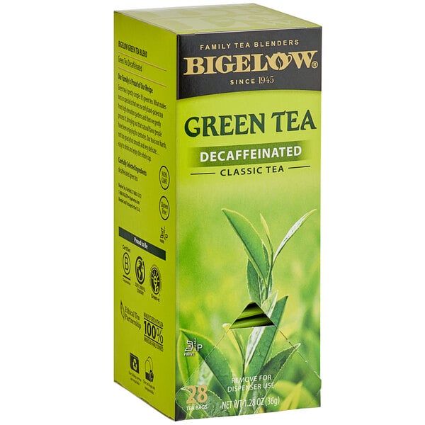 A green box of Bigelow Decaffeinated Green Tea Bags with text and images.