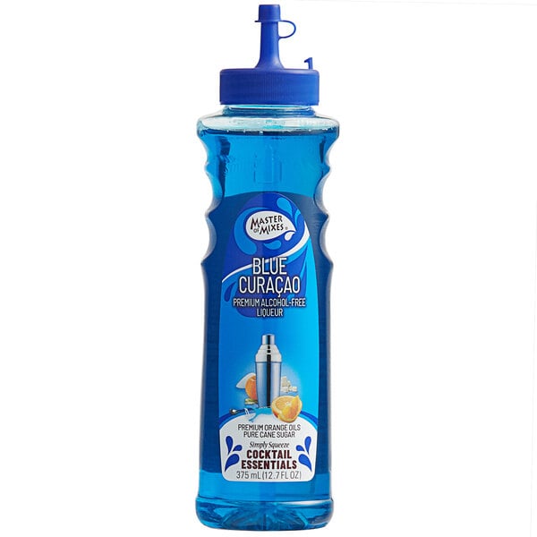 A blue bottle of Master of Mixes Blue Curacao syrup with a blue lid and label.